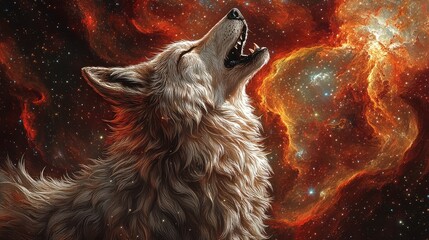 Obraz premium Majestic wolf howling at a vibrant nebula