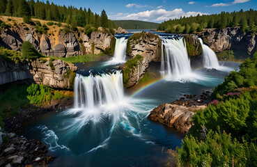 Obraz premium Majestic Waterfalls and Vibrant Rainbows in a Scenic Mountain Landscape Under a Bright Blue Sky,generative.ai 