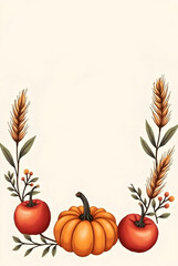 Fototapeta premium A watercolor illustration features pumpkins, wheat stalks, and berries arranged at the bottom against a soft cream backdrop, suggesting an autumn harvest theme