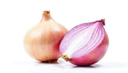 Single red onion, vibrant color, clean white background, agriculture, bulb