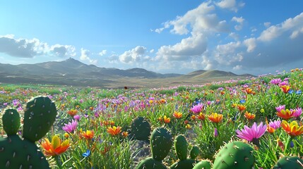 Vibrant Wildflower Field with Cacti Under Bright Blue Sky