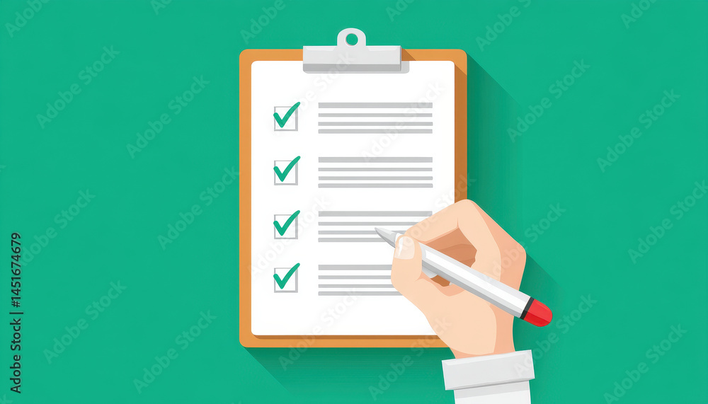 Poster hand holding pen checks off items on clipboard with green background, symbolizing organization and t