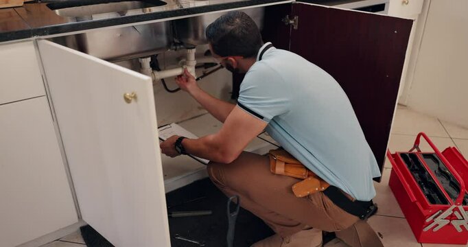 Inspection, maintenance and toolbox with plumber in kitchen of home for repair of pipes or water flow. Upgrade, wrench and writing with man in apartment for evaluation, renovation or service