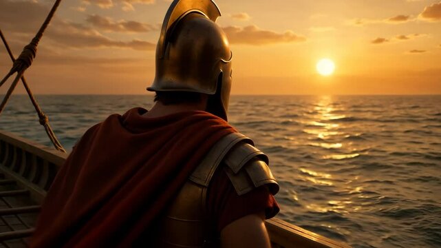 Cinematic shot of Greek warrior gazing at the sea during sunset from ship