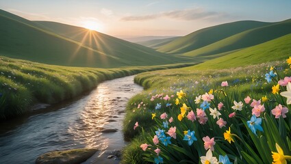 Flower and stream in green hill landscape at sunset