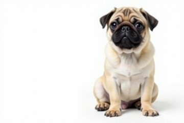 Adorable pug dog, sitting, isolated on white background, domestic, funny