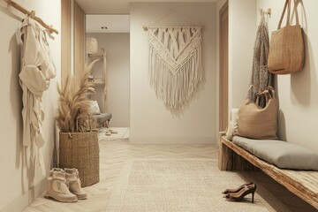 Neutral hallway, boho style decor.  Rustic wooden bench, macrame wall hanging, basket, and various accessories add a warm and inviting touch