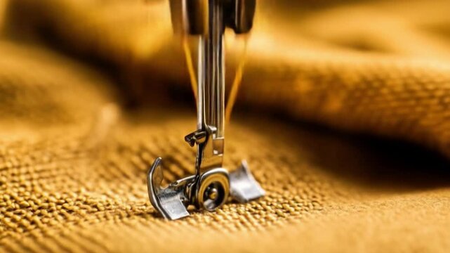 Close-Up of Sewing Machine Needle on Textured Fabric in Warm Tones Highlighting Craftsmanship and Detail