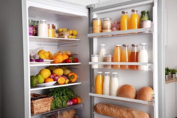 Organize Foods in Refrigerator, Keeping Fresh Vegetables, Healthy Fruits, Drinks & Ready Meals, Open Fridge