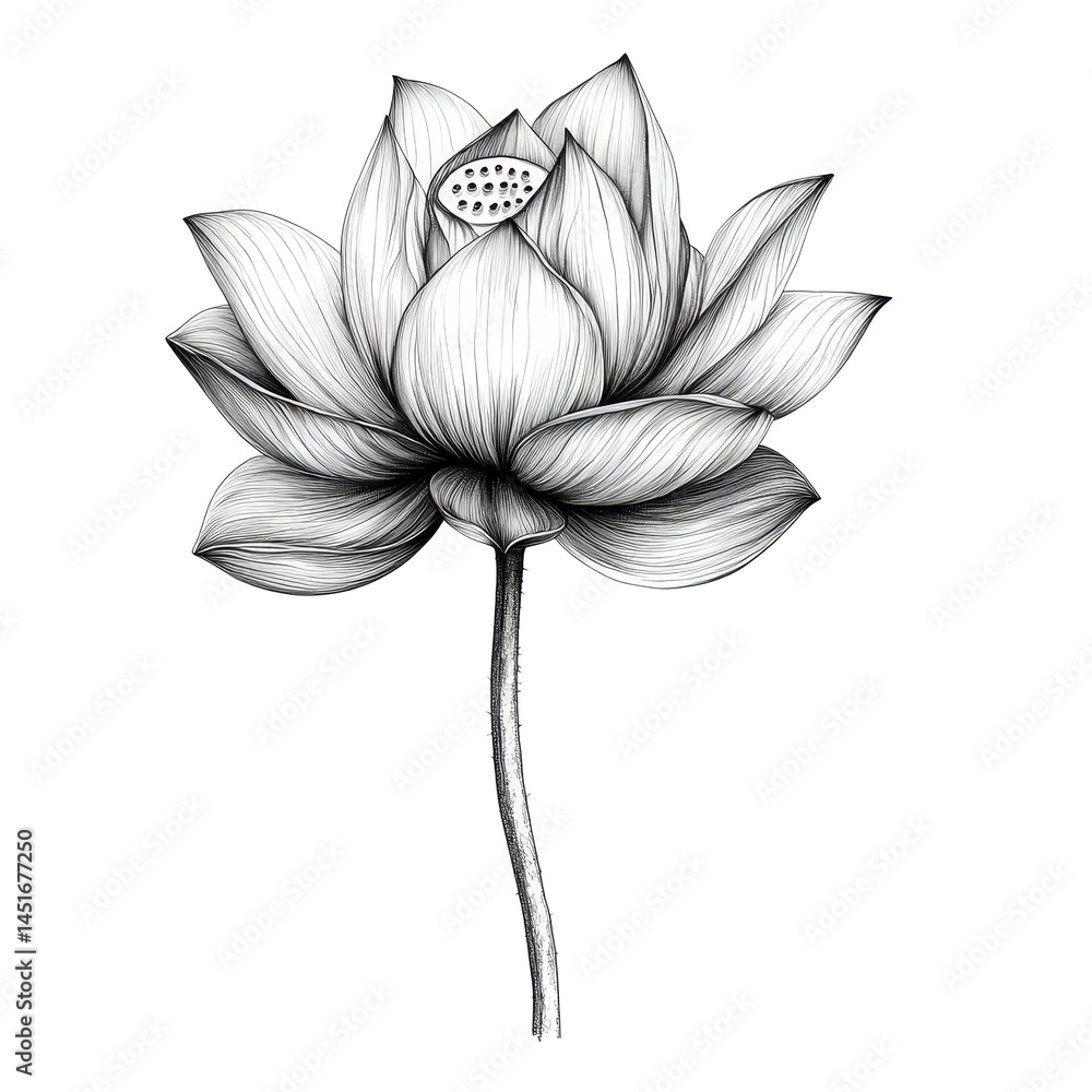 Poster black and transparent isolated lotus flower with intricate details on a transparent background showc