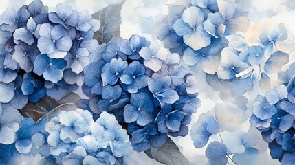 Blue Hydrangea Flowers Watercolor Painting