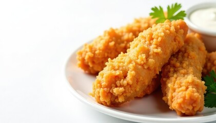 Close-up of crispy fried chicken strips on white background, dinner, lunch