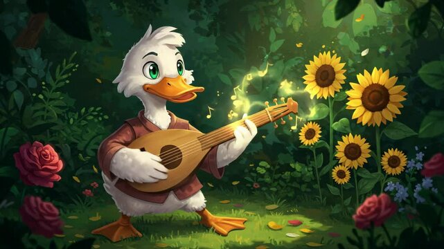 Animated Duck Playing Lute Among Sunflowers and Roses in a Lush Garden with Musical Notes