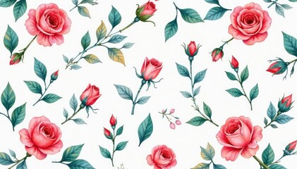 Delicate watercolor rosebuds & leaves, repeat pattern, background, red, fabric