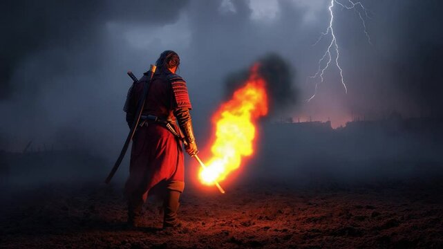 Dramatic Forge Scene with Knight and Lightning in Dark Atmosphere of Smoke and Fire
