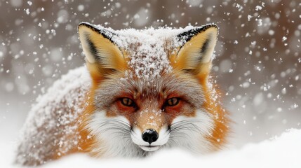Obraz premium A realistic animal photograph captures a red fox in a snowfall, highlighting its vivid red fur against the soft, falling snow.