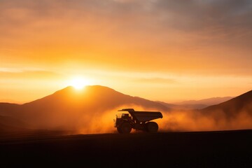 Sunrise casts golden light on mining truck, highlighting rugged