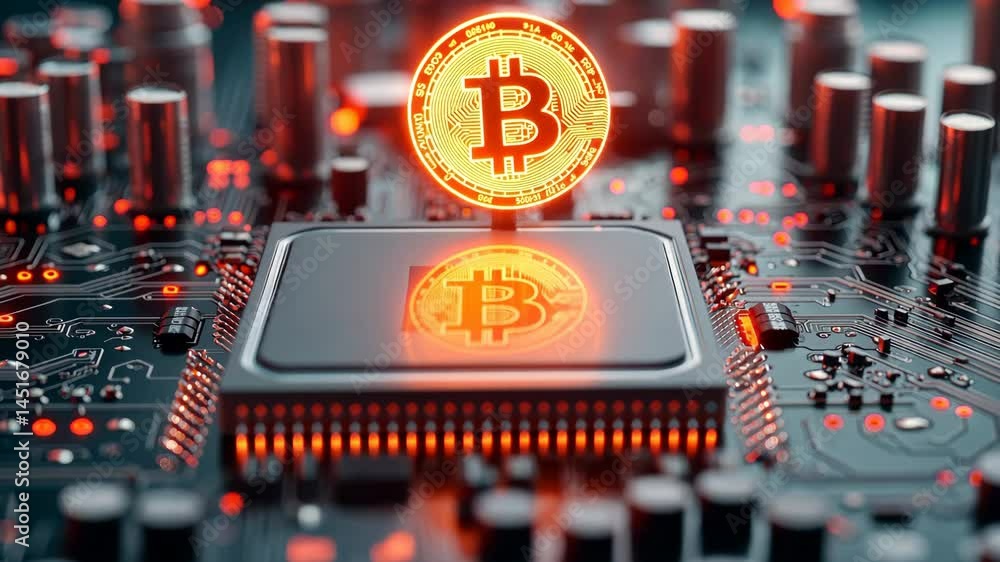 Poster glowing bitcoin symbol on microchip circuit board exploring cryptocurrency technology and innovation