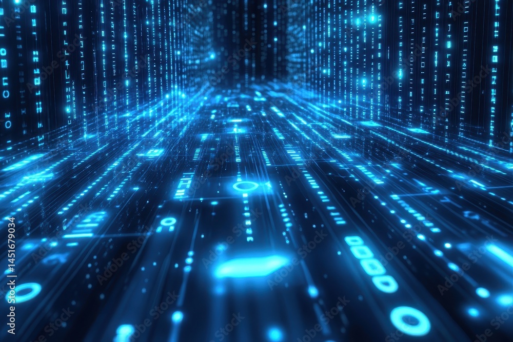 Leinwandbilder Abstract Blue Binary Code Matrix Background with Digital Technology Futuristic Cyber Space Design Artificial Intelligence Concept and Virtual Communication Wallpaper
