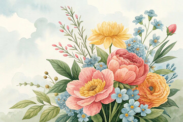 Representing the beauty of spring or summer, a vibrant bouquet of watercolor flowers in warm and cool tones is displayed against a soft, artistic backdrop