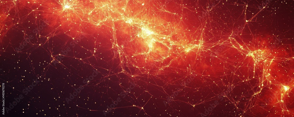 Poster abstract cosmic nebula in deep space with red and gold glowing light streaks and star clusters an as