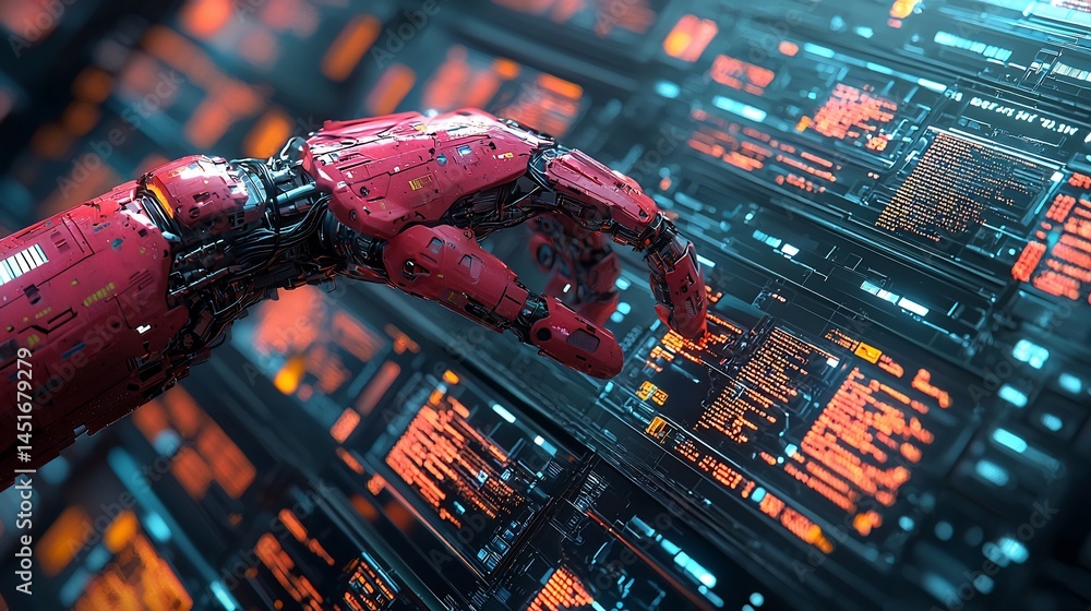 Poster robot hand interacts with digital panel