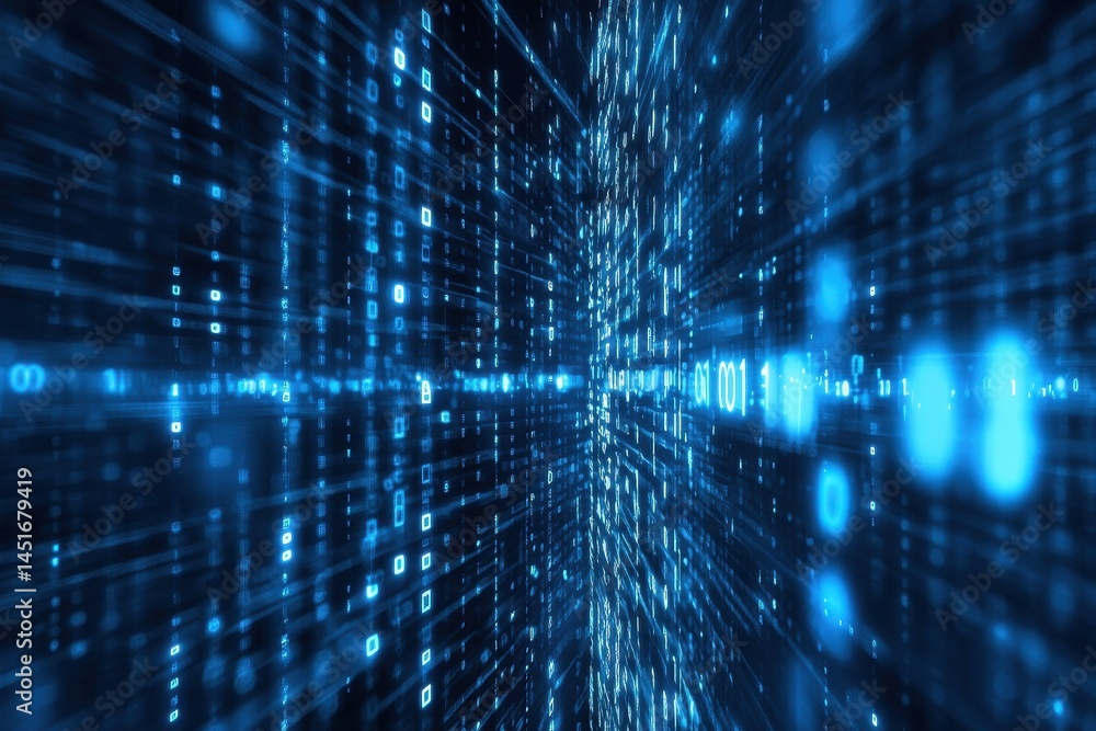 Fototapete Abstract Digital Data Stream in Blue Tones Depicting a Complex Network Connections Artificial Intelligence and Modern Technology Concept with Futuristic Geometric Patterns and Glowing Lines