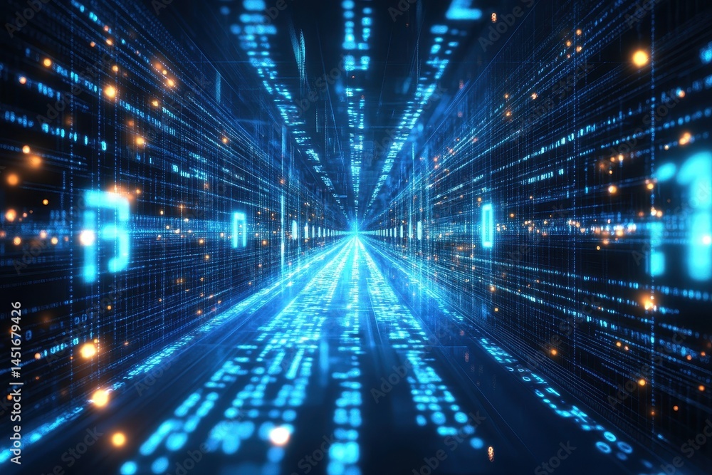 Poster Abstract Digital Network Tunnel with Blue and Orange Lights Futuristic Data Stream Visual Representation of Technological Advancement in Cyberspace