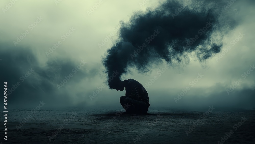 Poster abstract figure composed of dark smoke on a misty gray landscape featuring atmospheric clouds and an