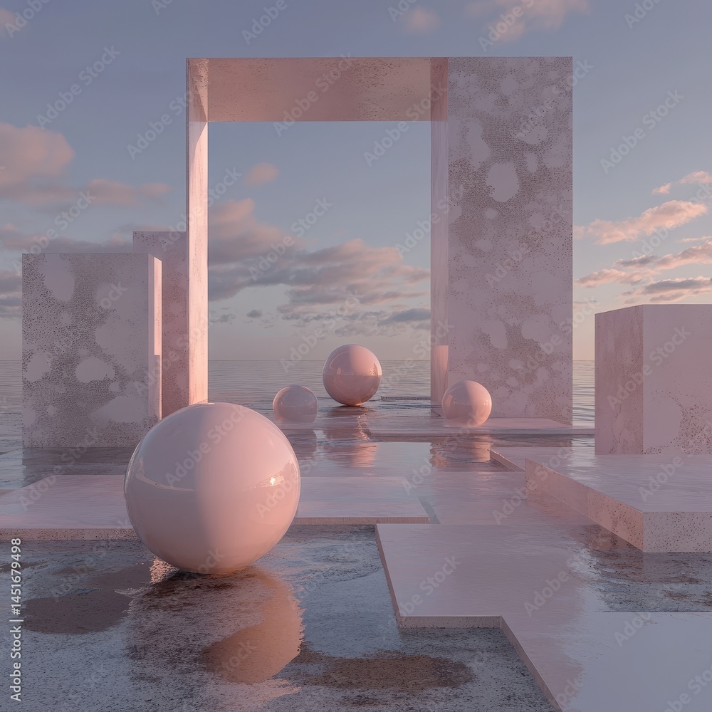 Poster Abstract Geometric Architecture with Water Reflections Smooth Shiny Surface and Pink Spheres Minimalist Modern Design in Clear Daylight With Calm Blue Sky and Horizon