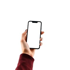 Isolated hand presenting blank screen smartphone for application mockup