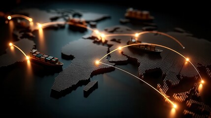 Creative Digital World Map with Global Shipping Routes in Dark Room