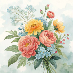 With a painterly aesthetic, a colorful bouquet of various flowers in pink, yellow, and blue, accompanied by green leaves, is presented on a textured background