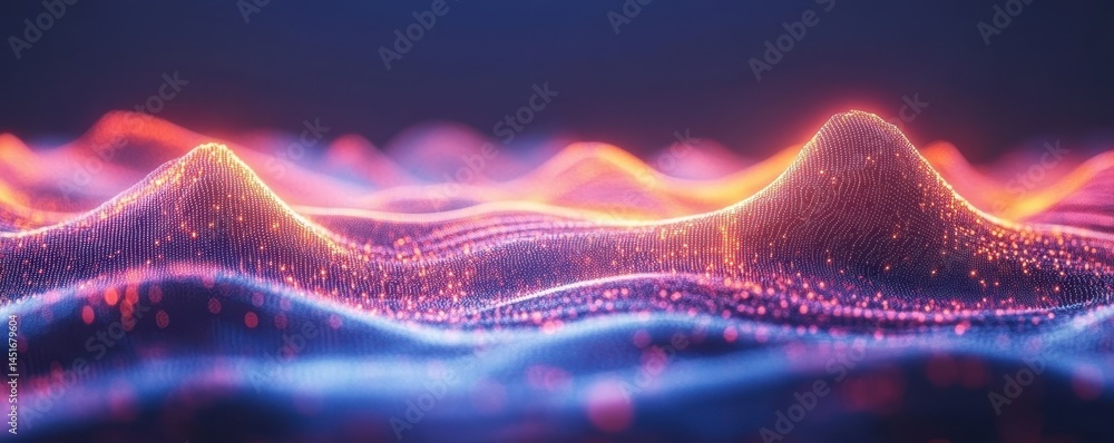 Poster abstract glowing landscape with red orange and blue waves and dotted pattern creating a modern futur