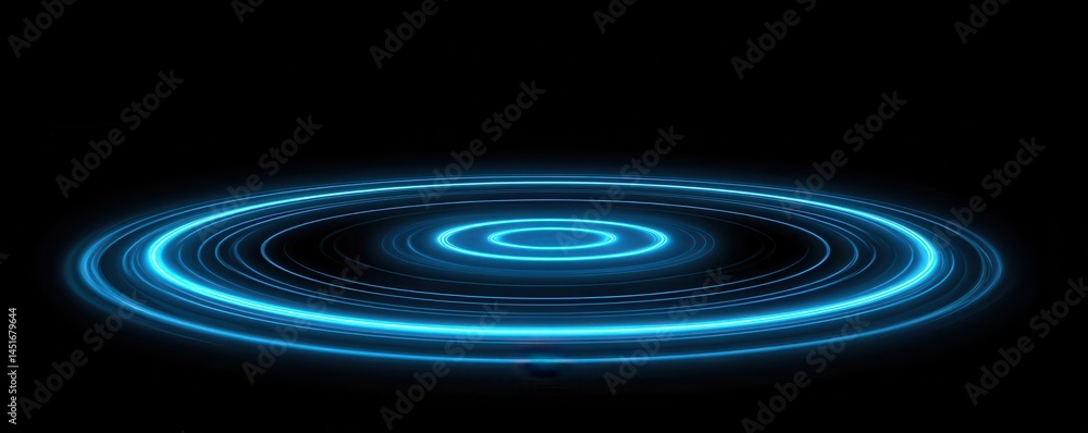 Poster Abstract Glowing Rings of Blue Light Effect on Black Background Digital Art Futuristic Technology Design Element Graphic Art Modern Style Decoration Template Elegant Backdrop for Display
