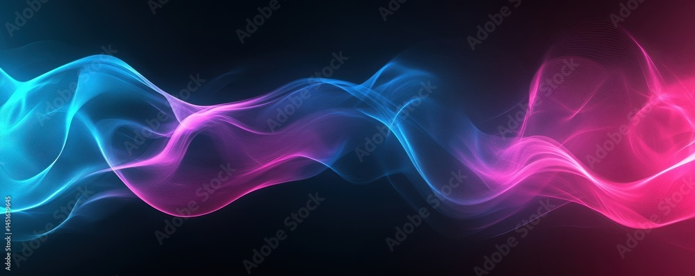 Aufkleber Abstract Glowing Wave Background with Particle Effect in Blue and Pink Hues Featuring Dynamic Motion and Fluid Lines on a Dark Backdrop with Modern Digital Design