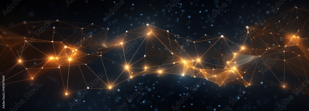 Poster abstract golden connected network on dark blue background representing modern digital data and artif