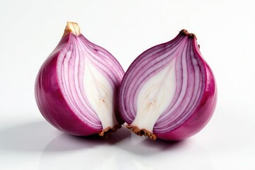 Half-cut red onion, revealing layers, on white, purple, juicy, vegetable