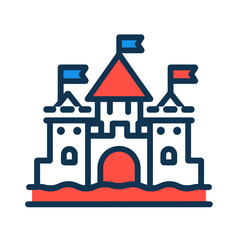 Illustrated sandcastle with flags and waves in bright colors  on a transparent background