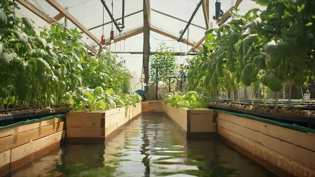 Hydroponic greenhouse with flowing water channels. Lush plants thrive in a controlled environment