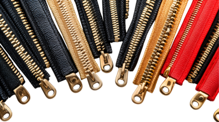 Gold zippers on black and red fabric fashion detail