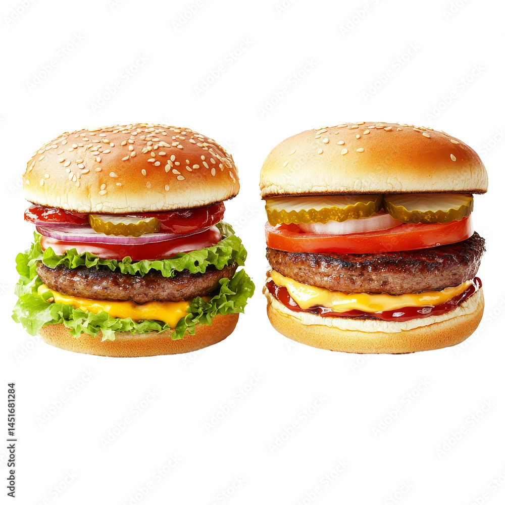 Poster delicious selection of three uniquely topped burgers on a pristine transparent surface, different ty