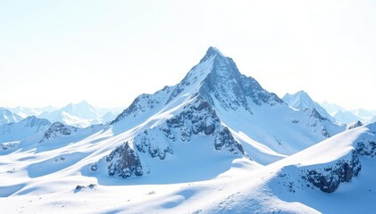 Snow-covered mountain peak against bright white sky, image, cold