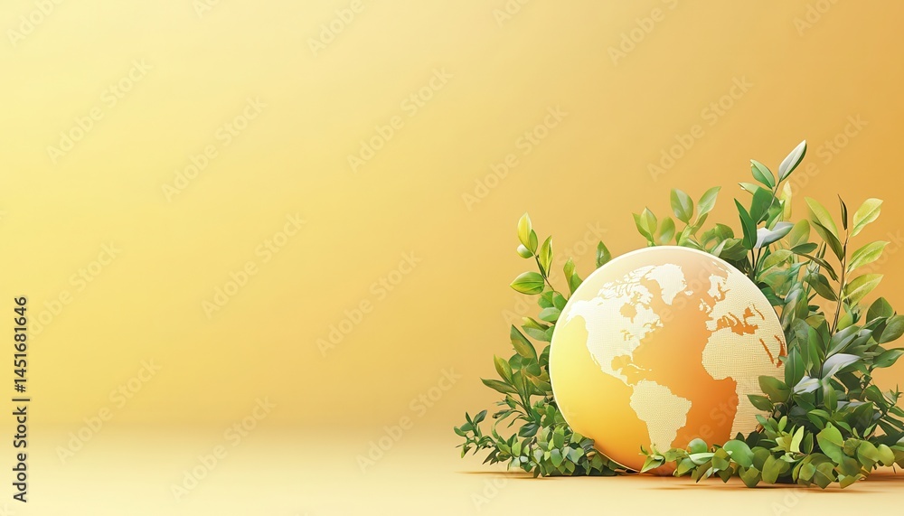 Poster conceptual earth globe surrounded by green leaves in a studio setting with a warm yellow background 