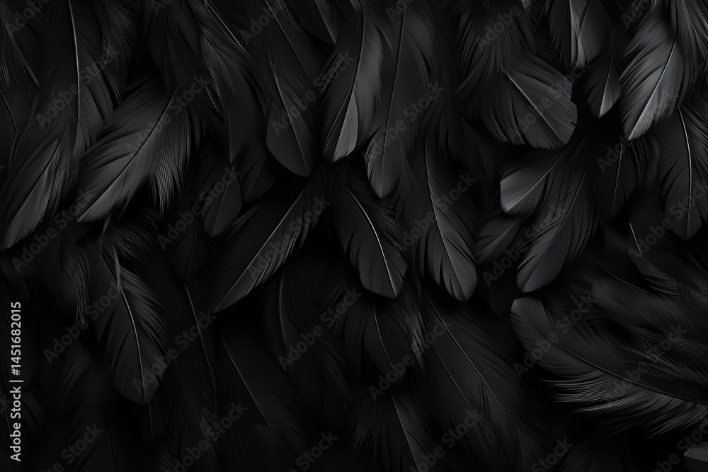 Poster detailed black feathers texture with subtle lighting creates an abstract pattern background on gentl