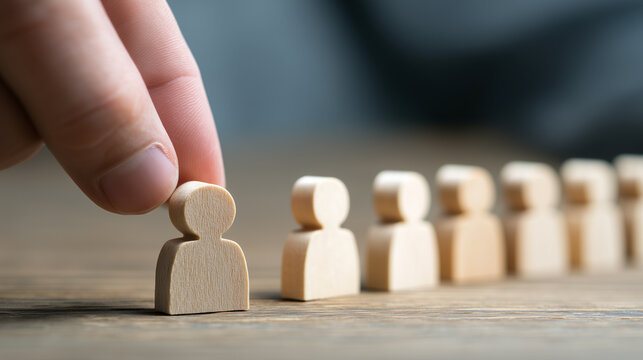 Hand Selecting Wooden Figure from Row of Diverse Figurines on Rustic Wooden Surface in Natural Light with Soft Focus Background for Conceptual Use