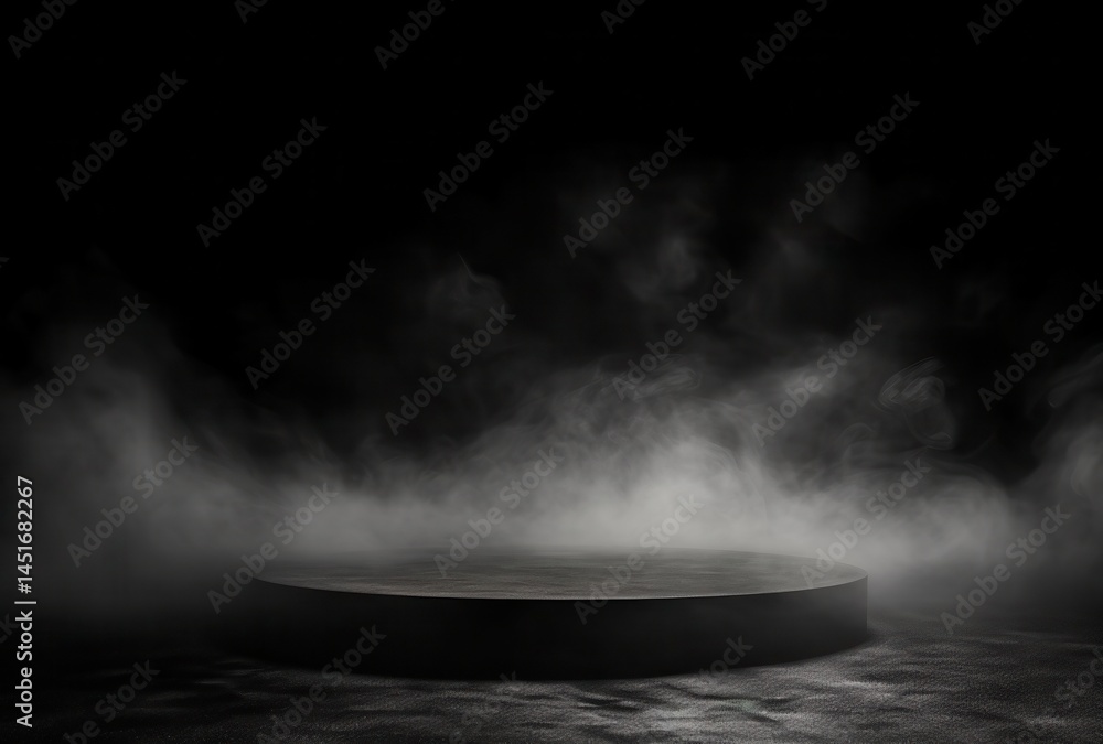 Poster dramatic circular podium with dense smoke and dark background for product display or presentation in