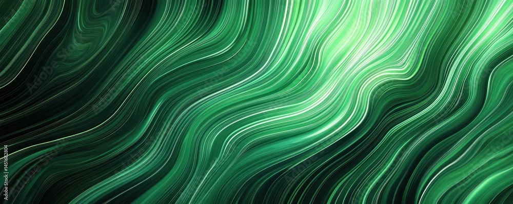 Poster emerald green abstract wavy lines background with swirls and shiny dots modern art design with flowi