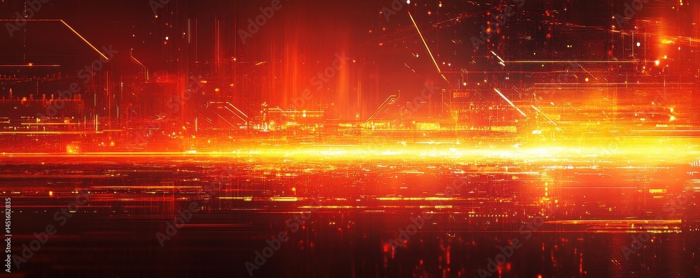 Poster energetic abstract background featuring vibrant orange lights and streaks with dark red hues creatin