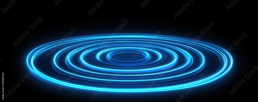 Aufkleber Glowing Cyan Concentric Rings Floating on Black Background Featuring Radial Lines and Illumination with a Futuristic Geometric Style